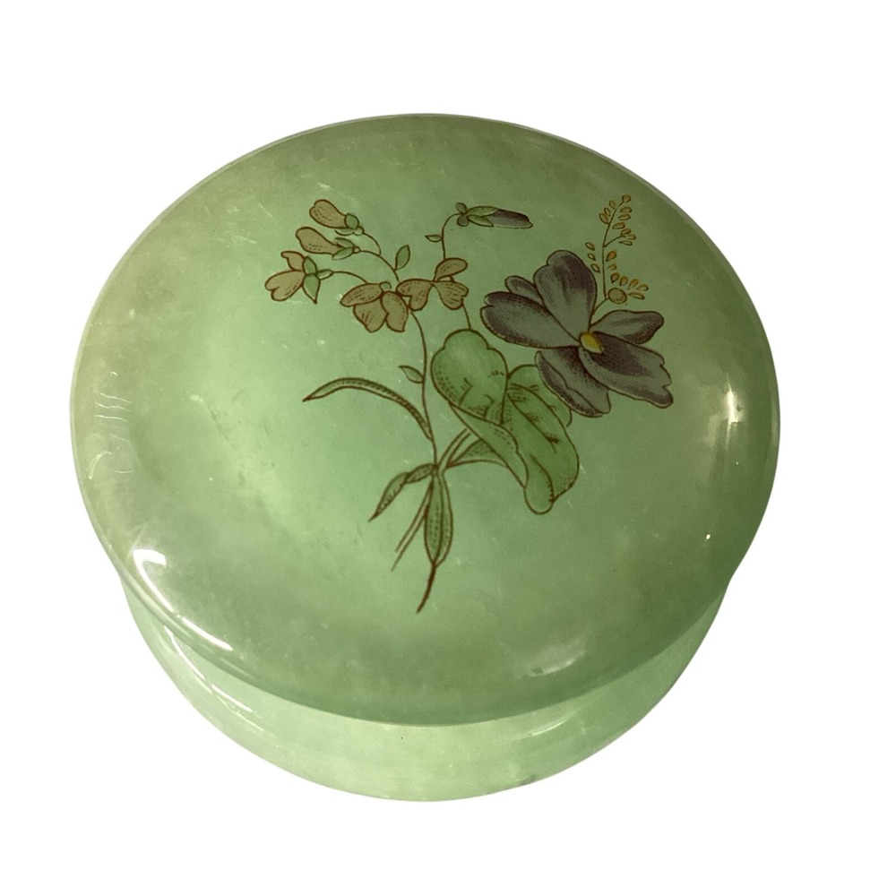 Vintage Italian Genuine Alabaster Green Floral Hinged Trinket Box 2x2.5 Italy